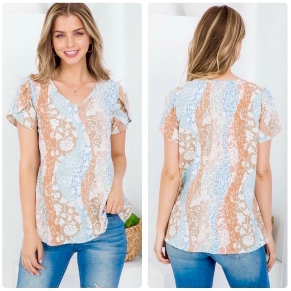 Abstract Floral Moroccan Top Short Flowy Sleeves Size S - Picture 1 of 12